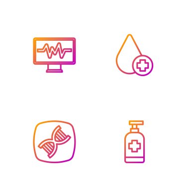 Antibakteriyel sabun, DNA sembolü, kardiyogramla monitör ve kan verin. Renk simgeleri. Vektör