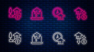 Set line Online gayrimenkul, zaman paradır, House with dollar ve. Tuğla duvarda parlayan neon simgesi. Vektör