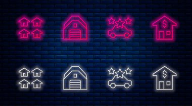 Sabit bir garaj, araba paylaşımı, gayrimenkul ve parayla ev. Tuğla duvarda parlayan neon simgesi. Vektör