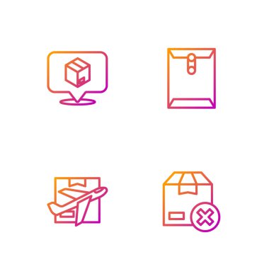 Karton karton kutu, uçak ve konum ve zarf ayarlayın. Renk simgeleri. Vektör