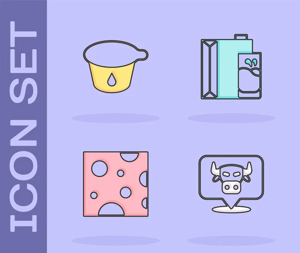 Set Cabeza de vaca, contenedor de yogur, paquete de queso y papel para icono de la leche. Vector — Vector de stock