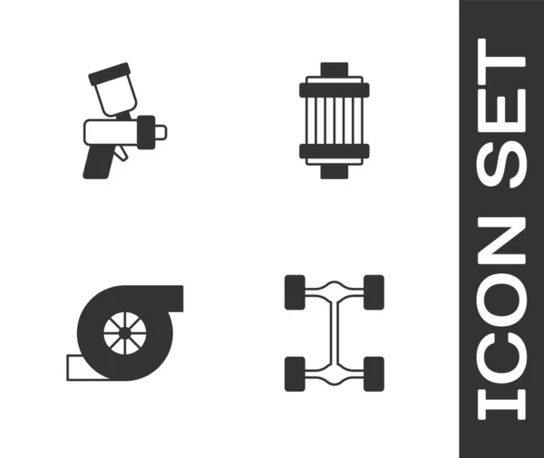 Set Chassis auto, Verfspuitpistool, Automotive turbolader en Auto luchtfilter pictogram. Vector — Stockvector