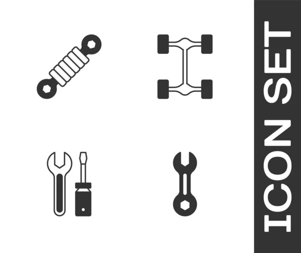 Set llave inglesa, amortiguador, destornillador y llave inglesa y chasis icono del coche. Vector — Vector de stock