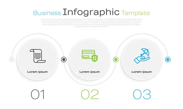 Indstil linjedokument med skjold, kreditkort og paraply i hånden. Business infografik skabelon. Vektor – Stock-vektor