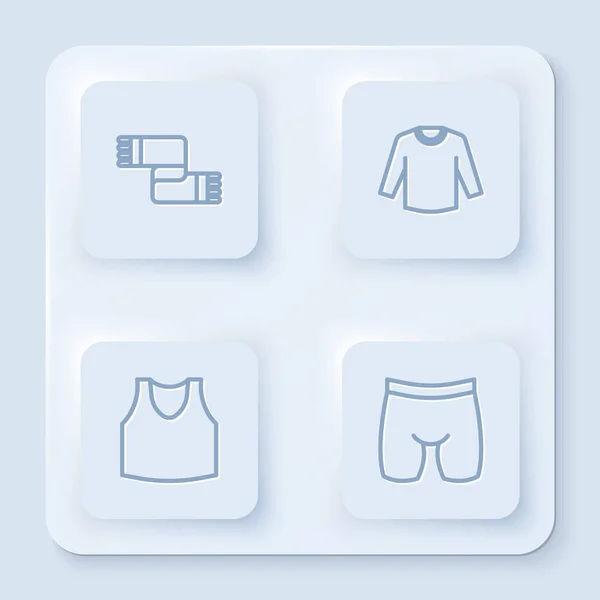 Set Linie Winterschal, Pullover, Unterhemd und Radlerhosen. Weiße quadratische Taste. Vektor — Stockvektor