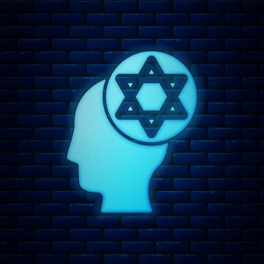Glowing neon Orthodox jewish hat icon isolated on brick wall background. Jewish men in the traditional clothing. Judaism symbols.  Vector.