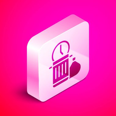 Isometric Waste of time icon isolated on pink background. Trash can. Garbage bin sign. Recycle basket icon. Office trash icon. Silver square button. Vector.