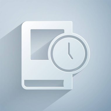 Gri arkaplanda kitap simgesi için kağıt kesme süresi izole edildi. Kağıt sanatı tarzı. Vektör.