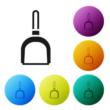 Black Dustpan icon isolated on white background. Cleaning scoop services. Set icons in color circle buttons. Vector.