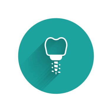 White Dental implant icon isolated with long shadow. Green circle button. Vector.