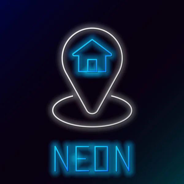 Glowing Neon Line Map Pointer House Icon Isolated Black Background — Stock Vector