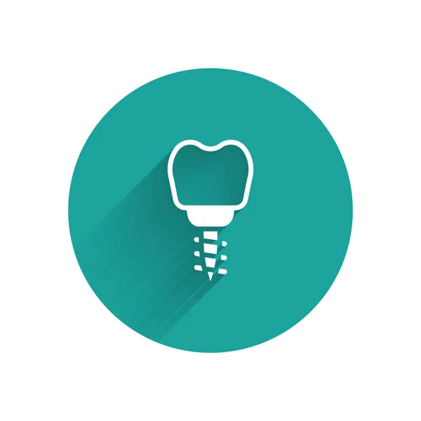 White Dental Implant Icon Isolated Long Shadow Green Circle Button — Stockvektor