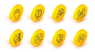 Set line Piece of puzzle, Globe and people, User man in business suit, Project team base, hand, Time Management and Human head puzzles strategy icon. Vector