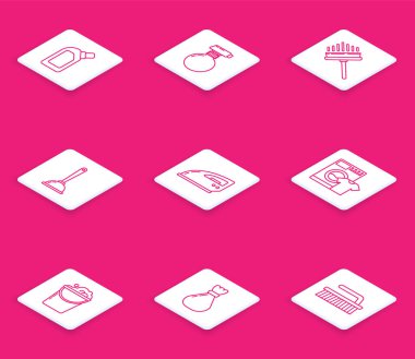 Set line Plastic bottles for liquid dishwashing liquid, Squeegee, scraper, wiper, Toilet plunger, Electric iron, Washer and t-shirt, Bucket with foam bubbles and Garbage bag icon. Vector