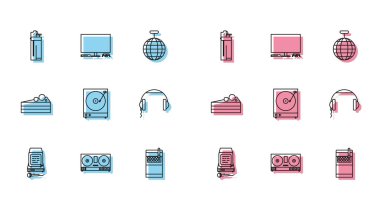 Set line Karaoke, DJ remote for playing and mixing music, Lighter, Open cigarettes pack box, Vinyl player with vinyl disk, Headphones, Cake and Video game console icon. Vector