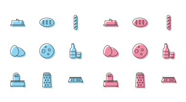 Set line Scales, Grater, Strawberry cheesecake slice, Electronic scales, Cookie or biscuit with chocolate, Glass bottle milk and glass, Chicken egg and Bread loaf icon. Vector