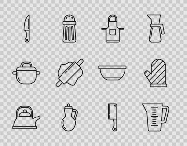 Set line Kettle with handle, Measuring cup, Kitchen apron, Bottle of olive oil, Knife, Rolling pin, Meat chopper and Oven glove icon. Vector