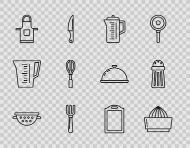 Set line Kitchen colander, Citrus fruit juicer, Teapot, Fork, apron, whisk, Cutting board and Salt icon. Vector