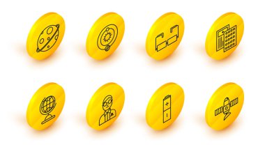 Set line Satellite, Battery, Scientist, Earth globe, Pills in blister pack, Glasses, Solar system and Planet icon. Vector