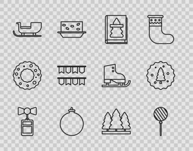 Set line Price tag with an inscription Sale, Lollipop, Christmas book, ball, santa claus sleigh, Carnival garland flags, trees and Cookie or biscuit chocolate icon. Vector