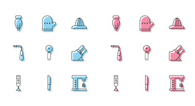 Set line Blender, Knife, Pastry bag for decorate cakes, Electric mixer, Pizza knife, Long electric lighter and Oven glove icon. Vector