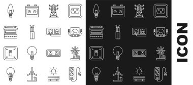 Set line Electric extension cord, Wind turbine, Ampere meter, multimeter, voltmeter, High voltage power pole line, cable, Car battery, Light bulb and Electrical outlet icon. Vector