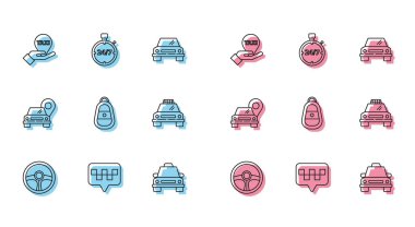 Set line Steering wheel, Map pointer with taxi, Hand on map, Taxi car, Car key remote,  and Stopwatch 24 hours icon. Vector