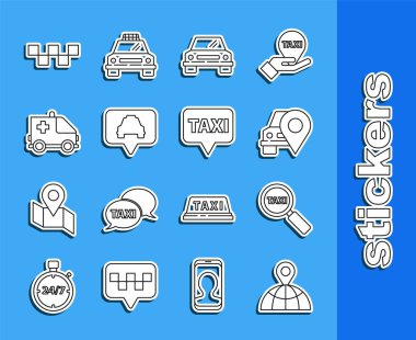 Set line Location on the globe, Magnifying glass and taxi car, Map pointer with, Car, Ambulance emergency, Taxi roof and  icon. Vector