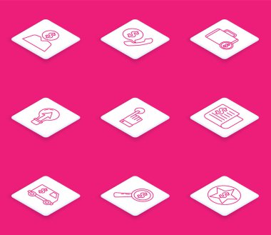 Set line Business man planning mind, Briefcase money, Light bulb, Hand touch tap gesture, Financial news, Armored truck and Magnifying glass dollar icon. Vector