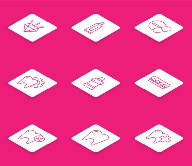 Set line Diamond teeth, Tube of toothpaste, Medicine pill or tablet, Tooth treatment procedure, Mouthwash plastic bottle, Teeth with braces, caries and  icon. Vector