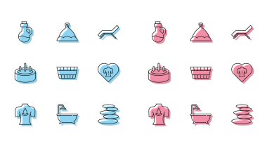 Set line Massage with aroma oils, Bathtub, Essential bottle, Stack hot stones, Sauna bucket, Swimming pool ladder and hat icon. Vector