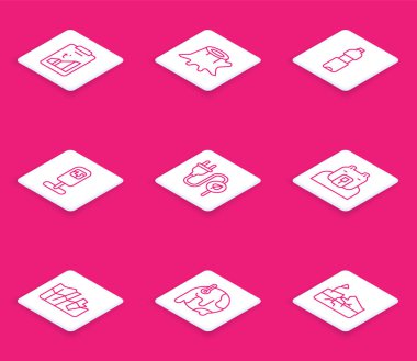 Set line Global warming, Tree stump, Bottle of water, Trash can, Electric saving plug leaf, Polar bear head, Glacier melting and  icon. Vector