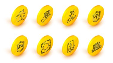 Set line House flood, Document with shield, Lifebuoy, Car, Plane in hand,  and  icon. Vector
