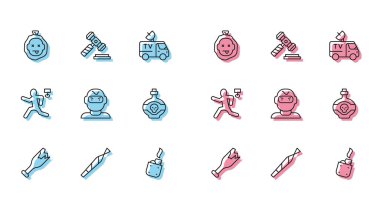 Silah olarak kırık şişe, esrar, Cinayet, Çakmak, Hırsız maskesi, Zehir ve Yargıç Tokmak ikonu. Vektör