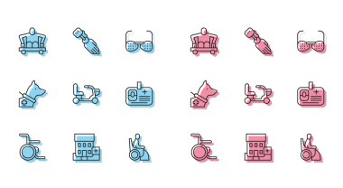 Set line Wheelchair, Medical hospital building, Man without legs sitting wheelchair, Woman, Electric, Identification badge, Guide dog and Prosthesis hand icon. Vector