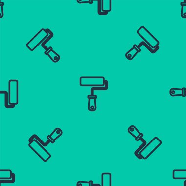 Blue line Paint roller brush icon isolated seamless pattern on green background.  Vector.
