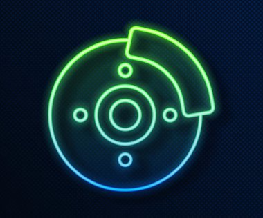 Mavi arka planda izole edilmiş kalibre ikonu olan parlak neon çizgili araba fren diski. Vektör.