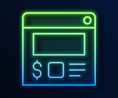 Parlayan neon hattı çevrimiçi sipariş ve yemek dağıtım ikonu mavi arka planda izole edildi. Vektör