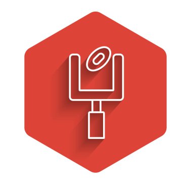 White line American football goal post and football ball icon isolated with long shadow background. Red hexagon button. Vector