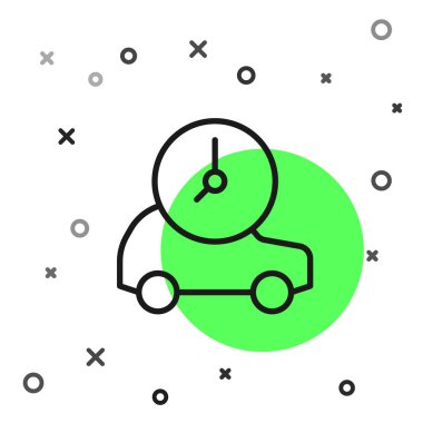 Siyah çizgi elektrikli araba ve elektrik kablosu şarj ikonu beyaz arka planda izole edildi. Yenilenebilir ekolojik teknolojiler. Vektör