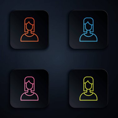 Renk neon hattı kadın simgesi siyah arkaplanda izole edildi. Venüs sembolü. Bir kadın ya da organizmanın sembolü. Kare düğmelere simgeleri yerleştir. Vektör