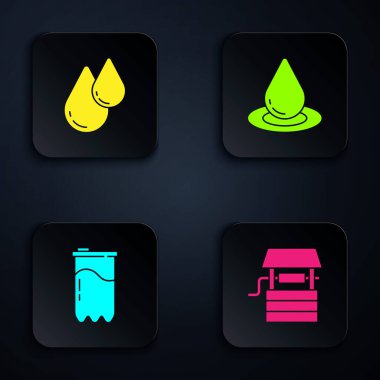 Set Well with bucket, Water drop, filter cartridge and . Black square button. Vector