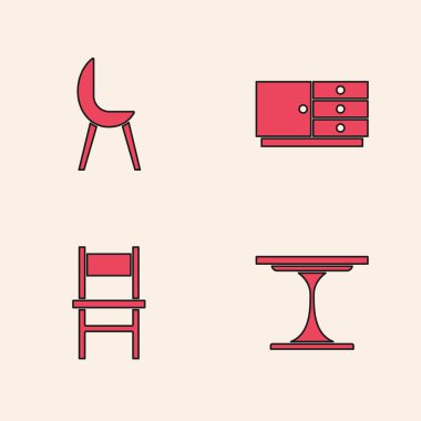Set Round table, Armchair, Chest of drawers and Chair icon. Vector