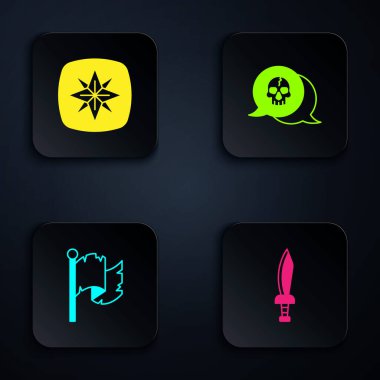Set Pirate sword, Wind rose, flag and Skull. Black square button. Vector