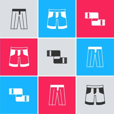 Set Pants, Short or pants and Winter scarf icon. Vector