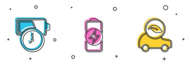 Set Battery charge,  and Eco car icon. Vector