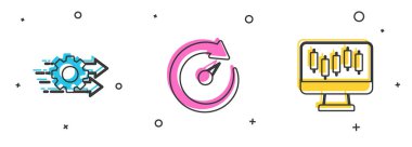 Set Time management, Digital speed meter and Stocks market growth graphs icon. Vector