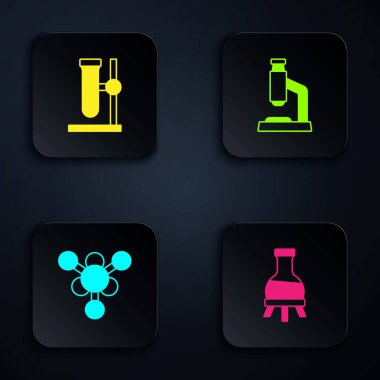 Set Test tube, flask on stand, Molecule and Microscope. Black square button. Vector