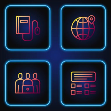 Set line Online quiz, test, survey, class, Electronic book with mouse and Location the globe. Gradient color icons. Vector.