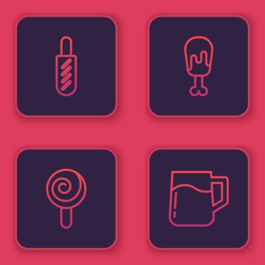 Set line Hotdog sandwich, Lollipop, Chicken leg and Wooden beer mug. Blue square button. Vector